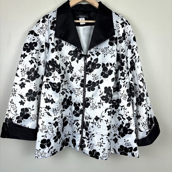 R&M Richards Woman Jacket 34W Black White Floral Zip-Up Sequins Special Occasion - Picture 1 of 13
